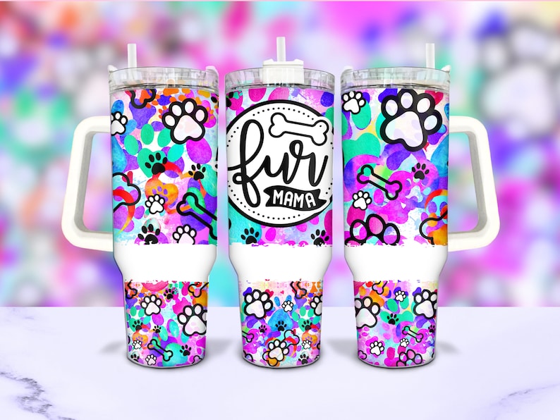 Featured 40oz Quencher design wrap mockup: a colorful watercolor pet-themed tumbler wrap featuring 'Fur Mama' text and abstract paw patterns