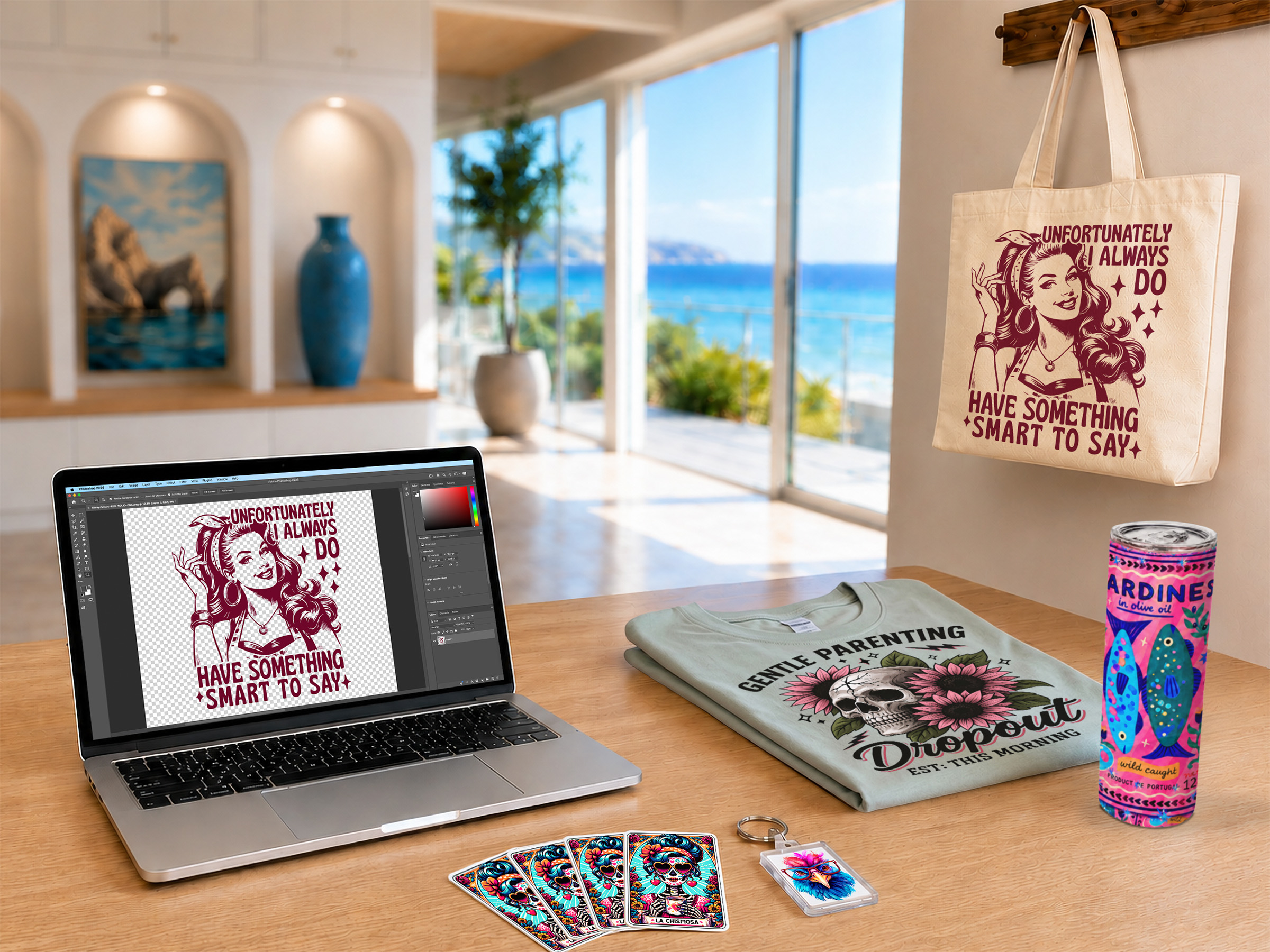 Bright coastal craft studio with a laptop displaying digital artwork, a tote bag, folded T-shirt, tumbler, stickers, and keychain on a worktable.